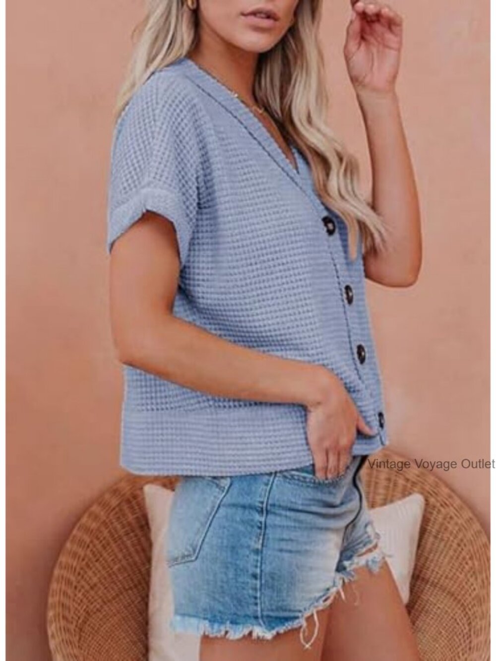 Waffle Knit Button Down Shirt V-Neck Short Sleeve Cropped Top